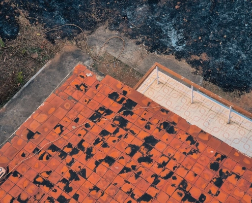 Close-up of hail damage on asphalt shingles showing bruising and loss of protective granules